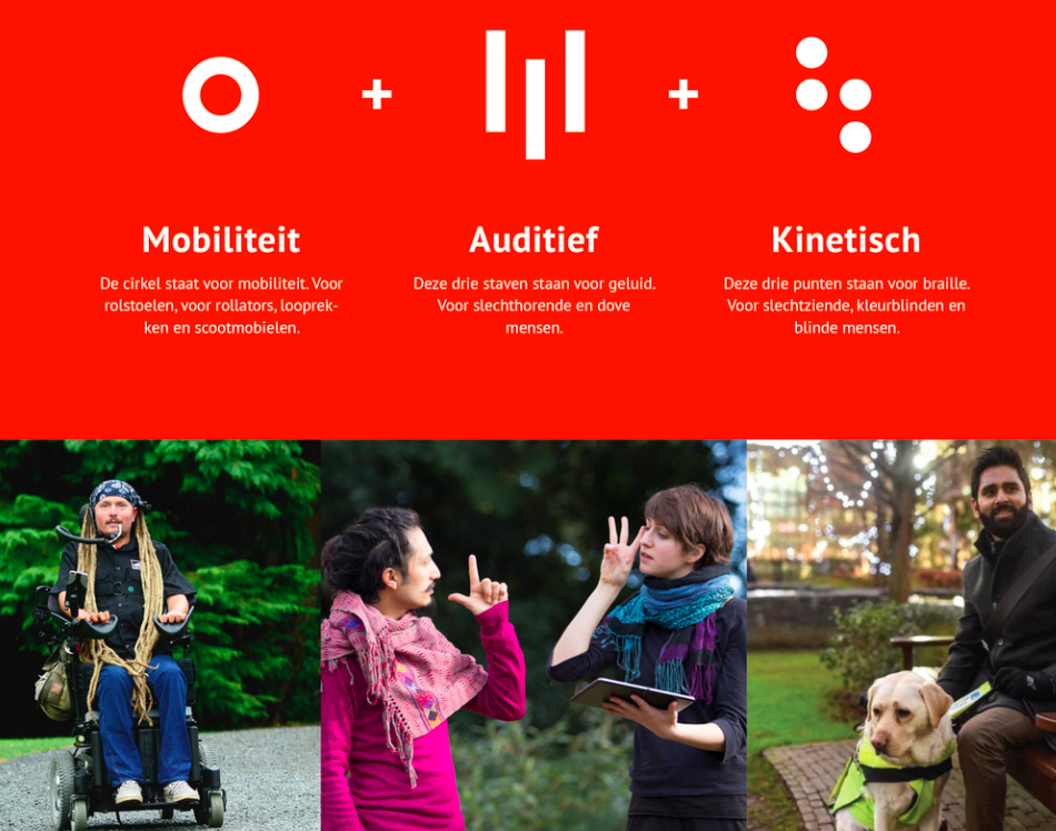 Logo MKB Toegankelijk plus de uitleg plus een foto van iemand in een rolstoel, 2 mensen die in gebarentaal met elkaar praten en iemand met een assistentiehond.