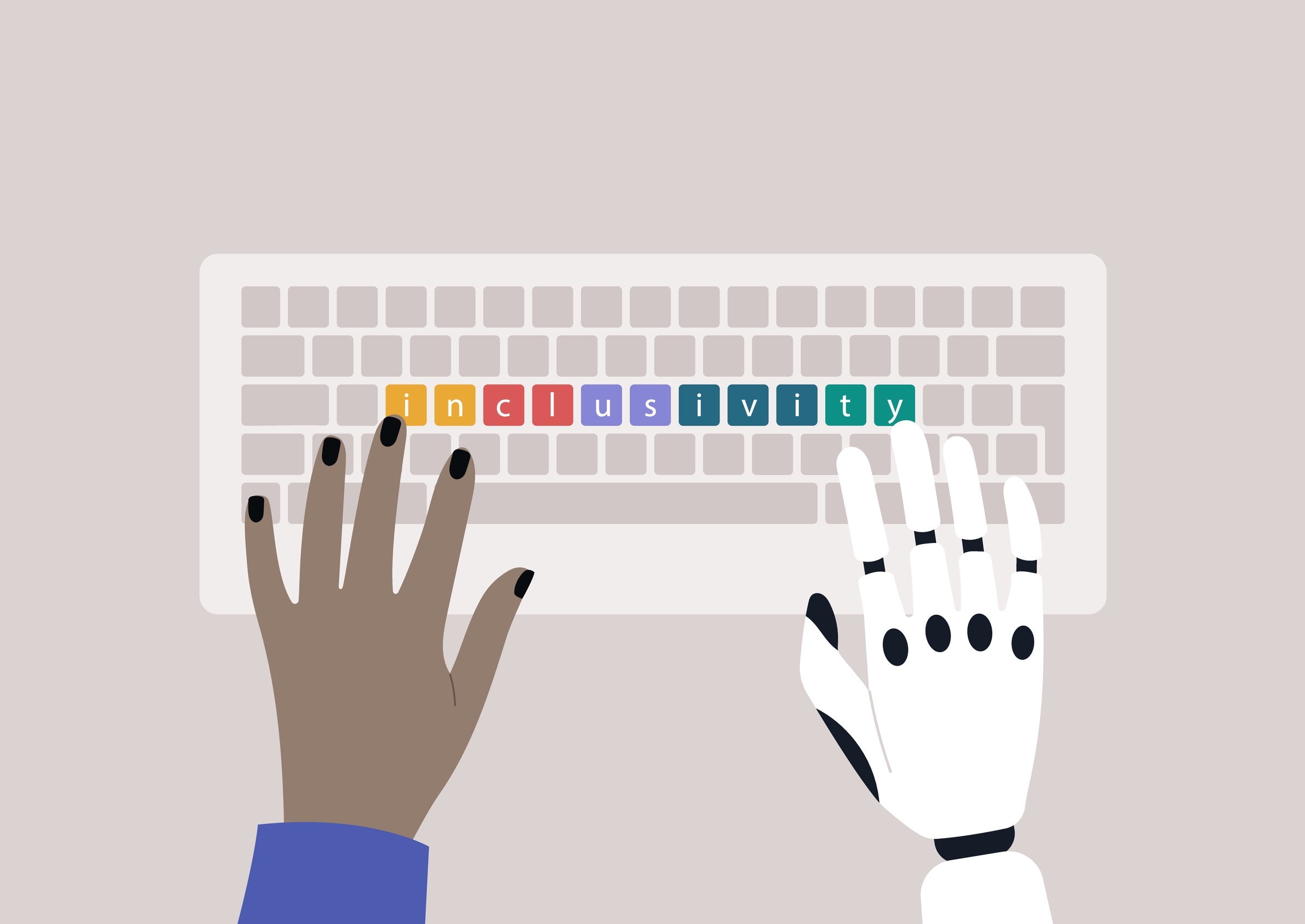 Beeld van een toetsenbord met de tekst inclusity op het toetsenbord zijn twee handen, Links een dondere hand met zwarte nagellak links een witte skeleton hand.