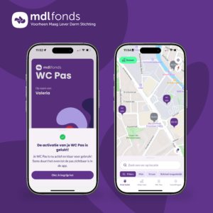 Foto van een mobiel met daarop de wc-pas van het mdl-fonds